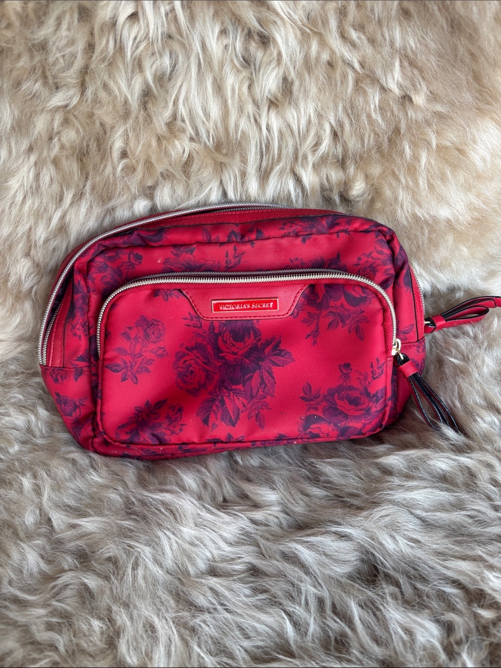 Victoria's Secret Red and Black Floral Cosmetic Case